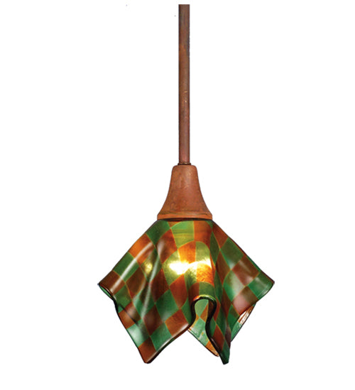 Meyda Lighting Metro Fusion 9" Vintage Copper Handkerchief Patchwork Pendant Light With Amber & Green Shade Glass