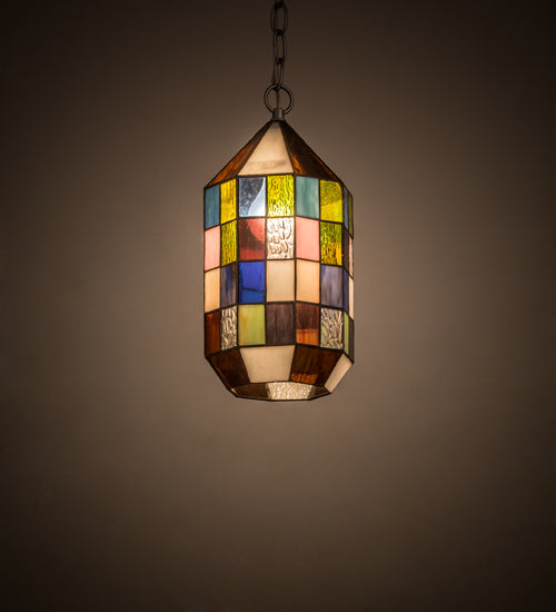 Meyda Lighting Meyer Lantern 6" Nickel Mini Pendant Light With Multi-Colored Shade Glass