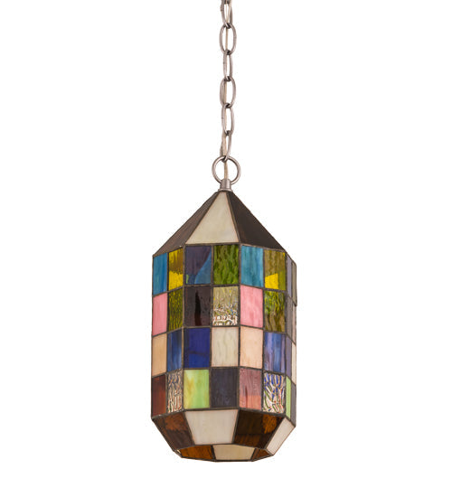 Meyda Lighting Meyer Lantern 6" Nickel Mini Pendant Light With Multi-Colored Shade Glass