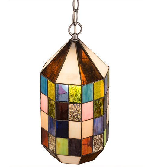 Meyda Lighting Meyer Lantern 6" Nickel Mini Pendant Light With Multi-Colored Shade Glass