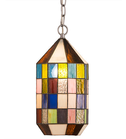 Meyda Lighting Meyer Lantern 6" Nickel Mini Pendant Light With Multi-Colored Shade Glass