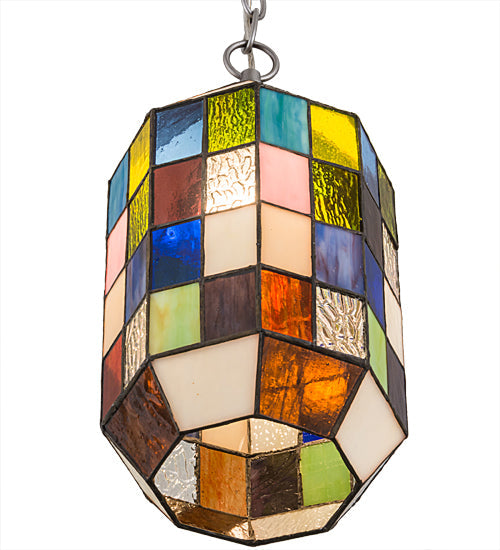 Meyda Lighting Meyer Lantern 6" Nickel Mini Pendant Light With Multi-Colored Shade Glass