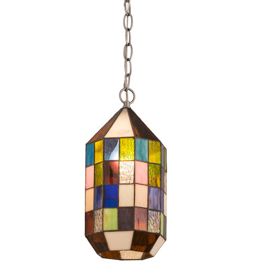 Meyda Lighting Meyer Lantern 6" Nickel Mini Pendant Light With Multi-Colored Shade Glass