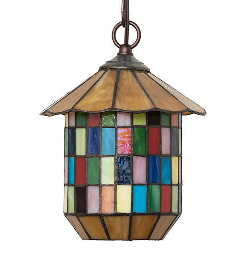 Meyda Lighting Meyer Lantern 8" Mahogany Bronze Pendant Light With Multi-Colored Shade Glass