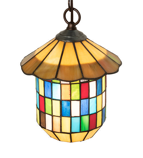Meyda Lighting Meyer Lantern 8" Mahogany Bronze Pendant Light With Multi-Colored Shade Glass