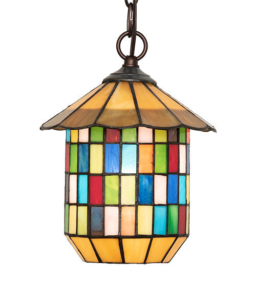 Meyda Lighting Meyer Lantern 8" Mahogany Bronze Pendant Light With Multi-Colored Shade Glass