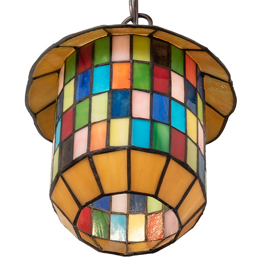 Meyda Lighting Meyer Lantern 8" Mahogany Bronze Pendant Light With Multi-Colored Shade Glass
