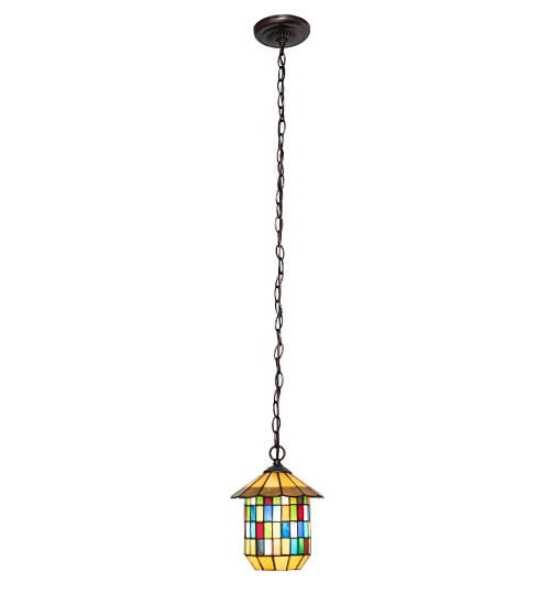 Meyda Lighting Meyer Lantern 8" Mahogany Bronze Pendant Light With Multi-Colored Shade Glass