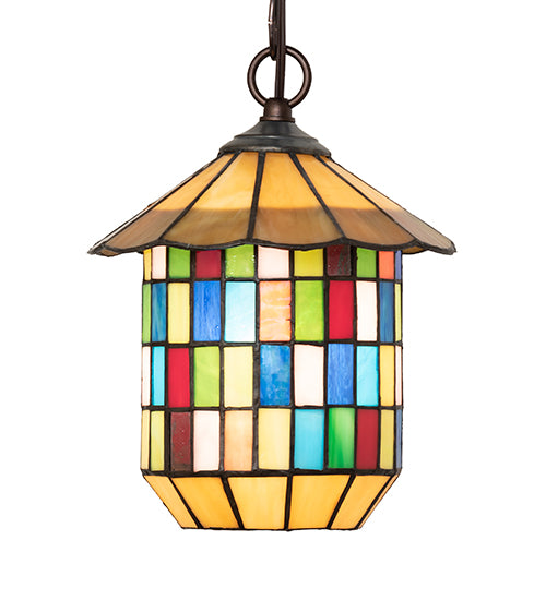Meyda Lighting Meyer Lantern 8" Mahogany Bronze Pendant Light With Multi-Colored Shade Glass
