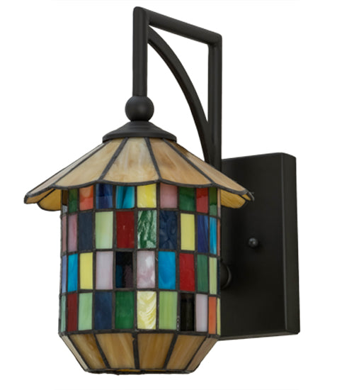 Meyda Lighting Meyer Lantern 8" Oil Rubbed Bronze Lantern Wall Sconce With Multi-Colored Shade Glass
