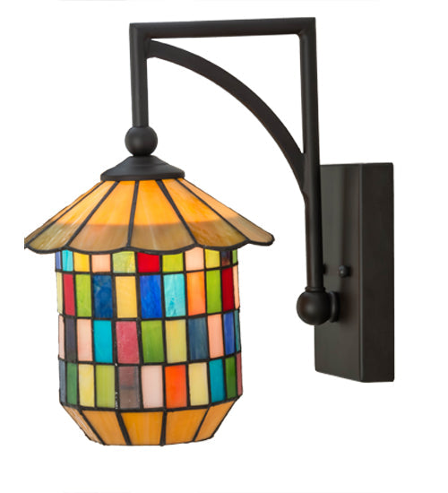 Meyda Lighting Meyer Lantern 8" Oil Rubbed Bronze Lantern Wall Sconce With Multi-Colored Shade Glass