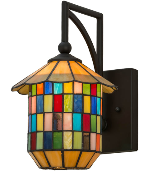 Meyda Lighting Meyer Lantern 8" Oil Rubbed Bronze Lantern Wall Sconce With Multi-Colored Shade Glass