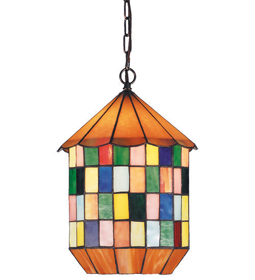 Meyda Lighting Meyer Panel 12" Antique Lantern Pendant Light With Multi-Colored Stained Shade Glass