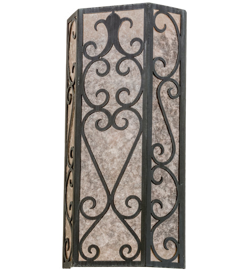 Meyda Lighting Mia 12" 2-Light Antique Iron Gate Wall Sconce With Silver Mica Shade Glass