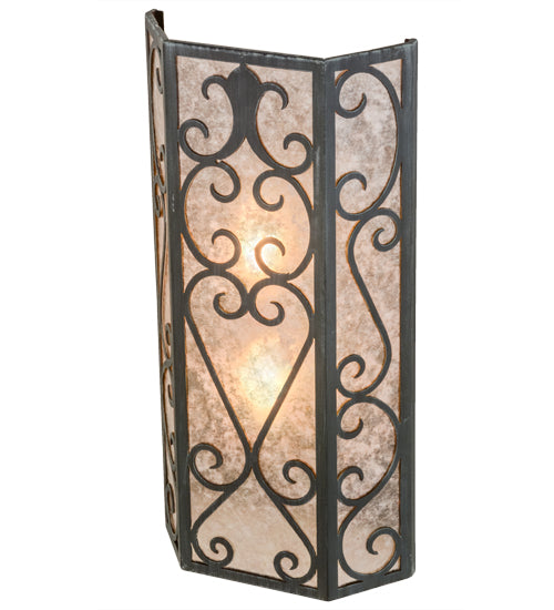 Meyda Lighting Mia 12" 2-Light Antique Iron Gate Wall Sconce With Silver Mica Shade Glass