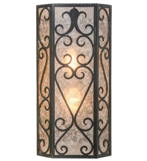 Meyda Lighting Mia 12" 2-Light Antique Iron Gate Wall Sconce With Silver Mica Shade Glass