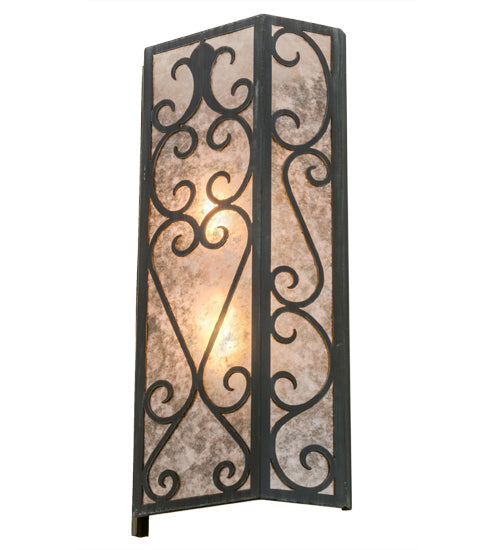 Meyda Lighting Mia 12" 2-Light Antique Iron Gate Wall Sconce With Silver Mica Shade Glass