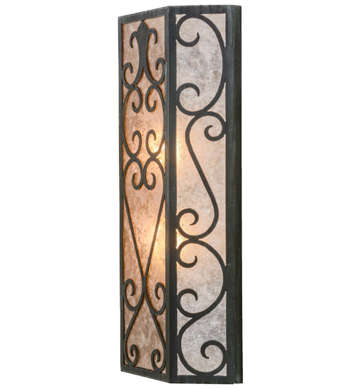 Meyda Lighting Mia 12" 2-Light Antique Iron Gate Wall Sconce With Silver Mica Shade Glass