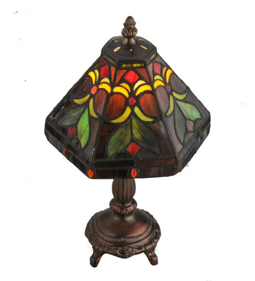Meyda Lighting Middleton 14" Mahogany Bronze Mini Table Lamp With Multi-Colored Shade Glass