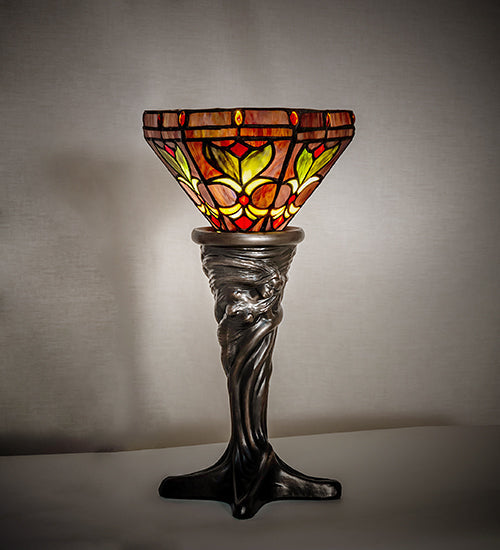 Meyda Lighting Middleton 15" Mahogany Bronze Mini Table Lamp With Red & Green Stained Shade Glass