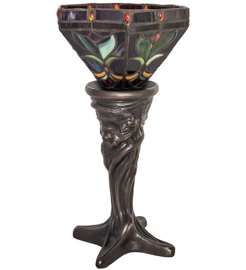 Meyda Lighting Middleton 15" Mahogany Bronze Mini Table Lamp With Red & Green Stained Shade Glass