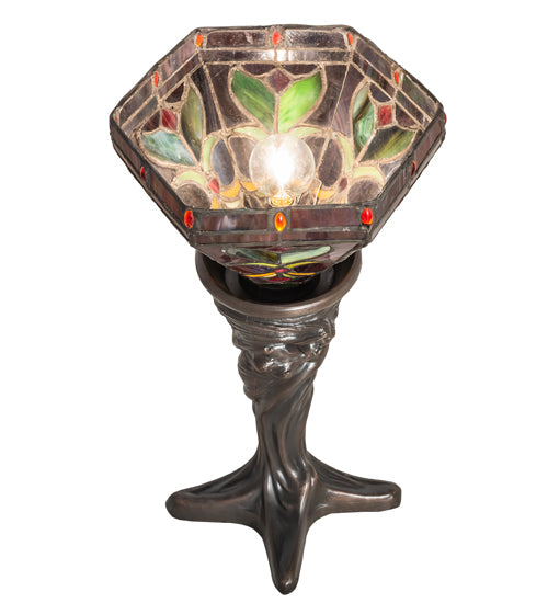 Meyda Lighting Middleton 15" Mahogany Bronze Mini Table Lamp With Red & Green Stained Shade Glass