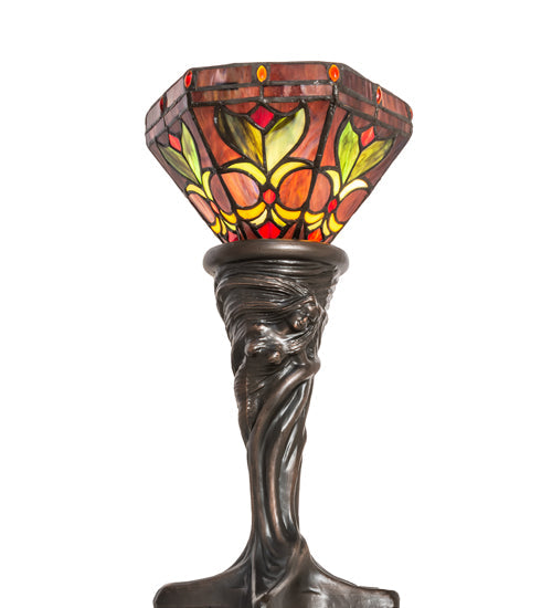 Meyda Lighting Middleton 15" Mahogany Bronze Mini Table Lamp With Red & Green Stained Shade Glass
