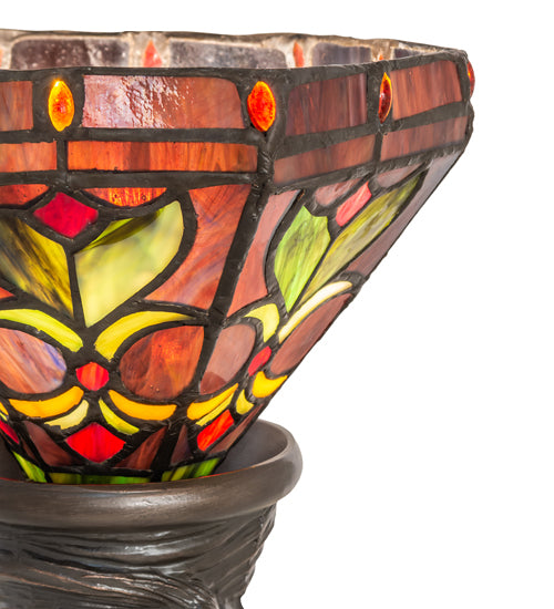 Meyda Lighting Middleton 15" Mahogany Bronze Mini Table Lamp With Red & Green Stained Shade Glass