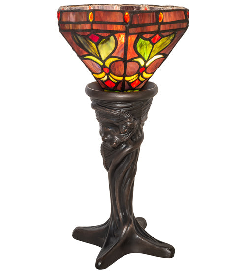Meyda Lighting Middleton 15" Mahogany Bronze Mini Table Lamp With Red & Green Stained Shade Glass