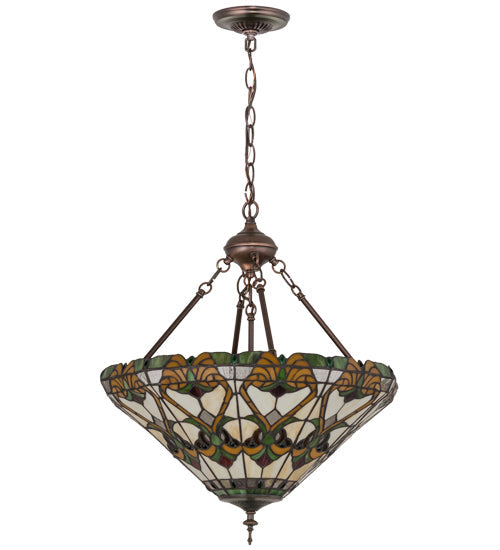 Meyda Lighting Middleton 20" 3-Light Mahogany Bronze Inverted Pendant Light With Multi-Colored Shade Glass