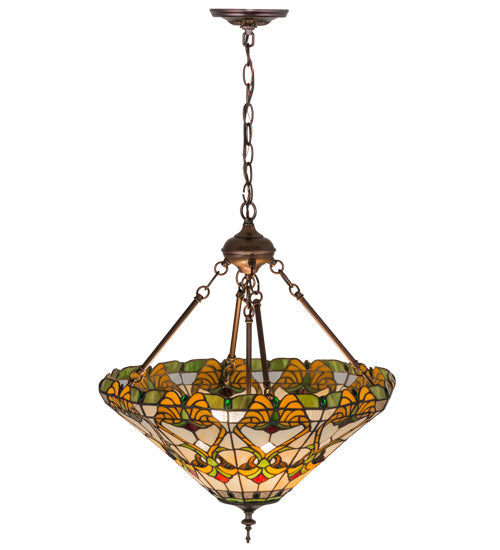 Meyda Lighting Middleton 20" 3-Light Mahogany Bronze Inverted Pendant Light With Multi-Colored Shade Glass