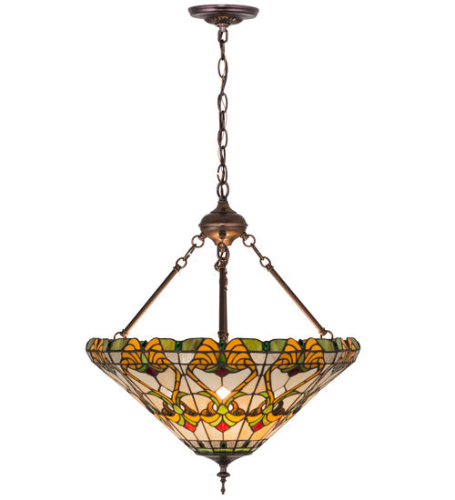 Meyda Lighting Middleton 20" 3-Light Mahogany Bronze Inverted Pendant Light With Multi-Colored Shade Glass