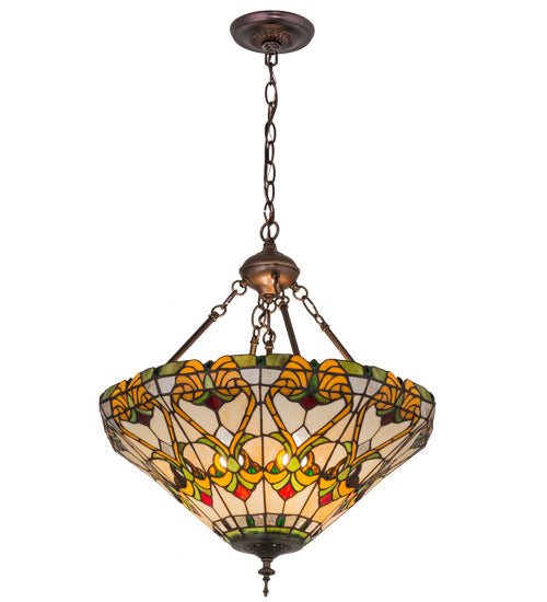 Meyda Lighting Middleton 20" 3-Light Mahogany Bronze Inverted Pendant Light With Multi-Colored Shade Glass
