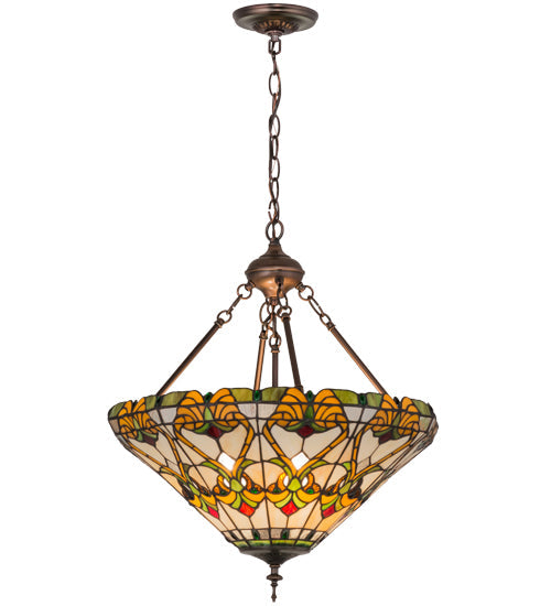 Meyda Lighting Middleton 20" 3-Light Mahogany Bronze Inverted Pendant Light With Multi-Colored Shade Glass