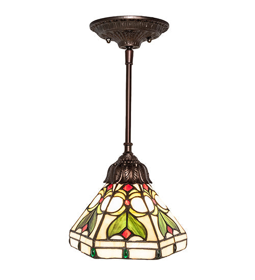 Meyda Lighting Middleton 244867 8" Mahogany Bronze Mini Pendant Light With Multi-Colored Stained Shade Glass