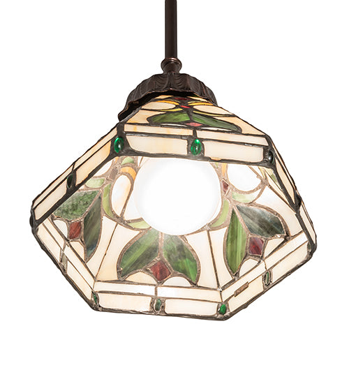 Meyda Lighting Middleton 244867 8" Mahogany Bronze Mini Pendant Light With Multi-Colored Stained Shade Glass