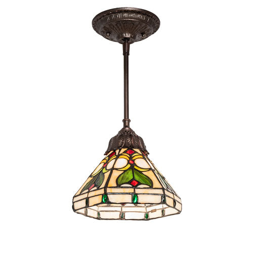 Meyda Lighting Middleton 244867 8" Mahogany Bronze Mini Pendant Light With Multi-Colored Stained Shade Glass