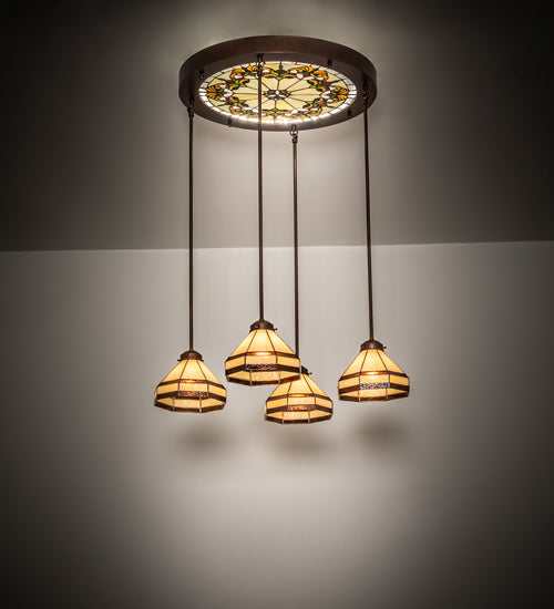 Meyda Lighting Middleton 27" 4-Light New Copper Vein Art Glass Ceiling Medallion Pendant Light With Beige & Brown Shade Glass