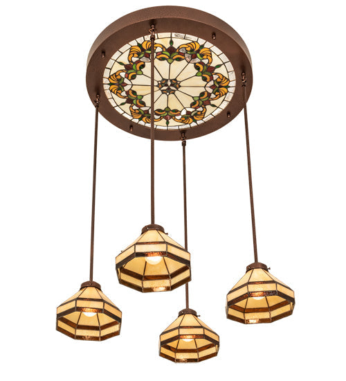 Meyda Lighting Middleton 27" 4-Light New Copper Vein Art Glass Ceiling Medallion Pendant Light With Beige & Brown Shade Glass
