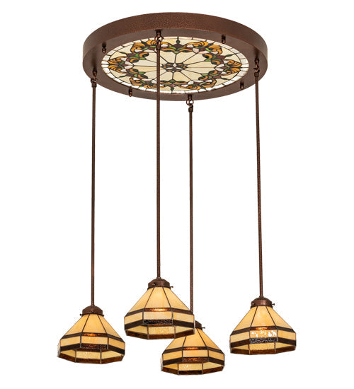 Meyda Lighting Middleton 27" 4-Light New Copper Vein Art Glass Ceiling Medallion Pendant Light With Beige & Brown Shade Glass