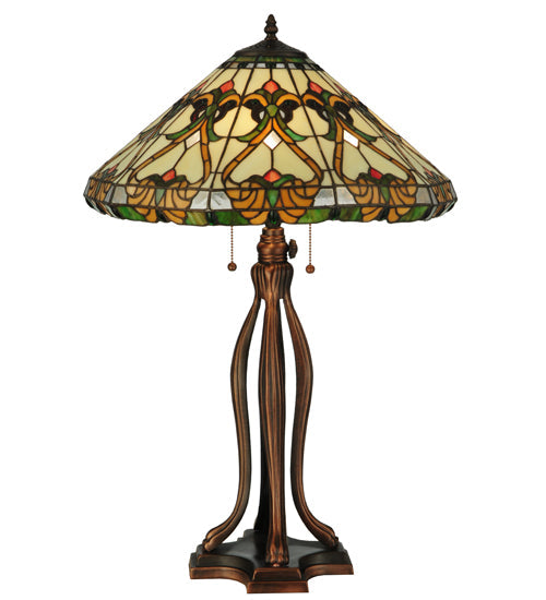 Meyda Lighting Middleton 30" 3-Light Mahogany Bronze Table Lamp With Multi-Colored Shade Glass