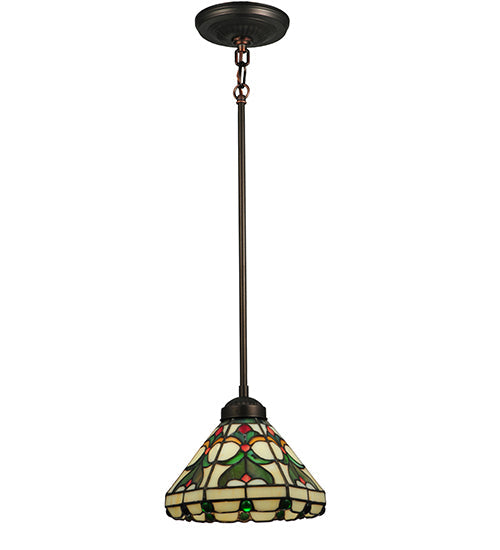 Meyda Lighting Middleton 8" Mahogany Bronze Mini Pendant Light With Multi-Colored Shade Glass