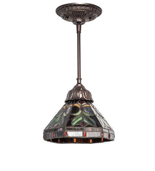Meyda Lighting Middleton 8" Mahogany Bronze Mini Pendant Light With Multi-Colored Stained Shade Glass