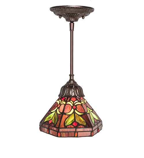 Meyda Lighting Middleton 8" Mahogany Bronze Mini Pendant Light With Multi-Colored Stained Shade Glass