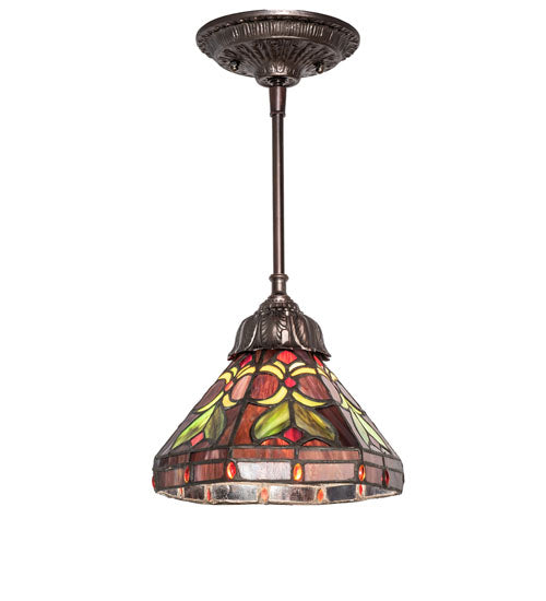 Meyda Lighting Middleton 8" Mahogany Bronze Mini Pendant Light With Multi-Colored Stained Shade Glass