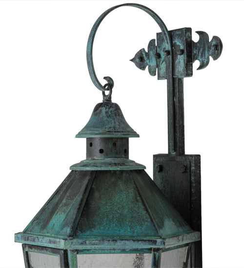 Meyda Lighting Millesime 11" 3-Light Craftsman Verdi On Brass Lantern Wall Sconce With Clear Seeded Shade Glass