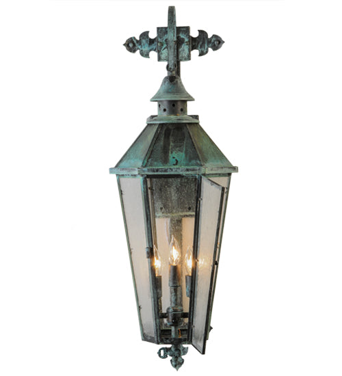 Meyda Lighting Millesime 11" 3-Light Craftsman Verdi On Brass Lantern Wall Sconce With Clear Seeded Shade Glass