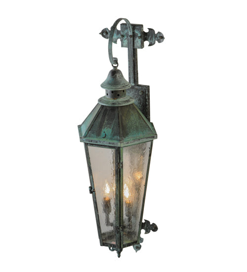 Meyda Lighting Millesime 11" 3-Light Craftsman Verdi On Brass Lantern Wall Sconce With Clear Seeded Shade Glass