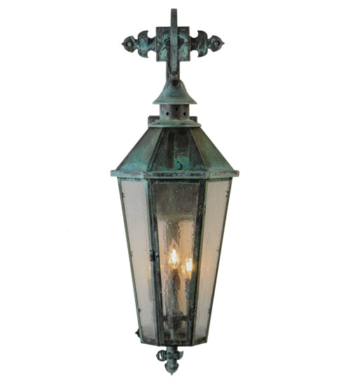 Meyda Lighting Millesime 11" 3-Light Craftsman Verdi On Brass Lantern Wall Sconce With Clear Seeded Shade Glass