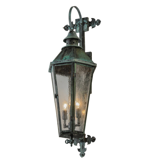 Meyda Lighting Millesime 11" 3-Light Craftsman Verdi On Brass Lantern Wall Sconce With Clear Seeded Shade Glass